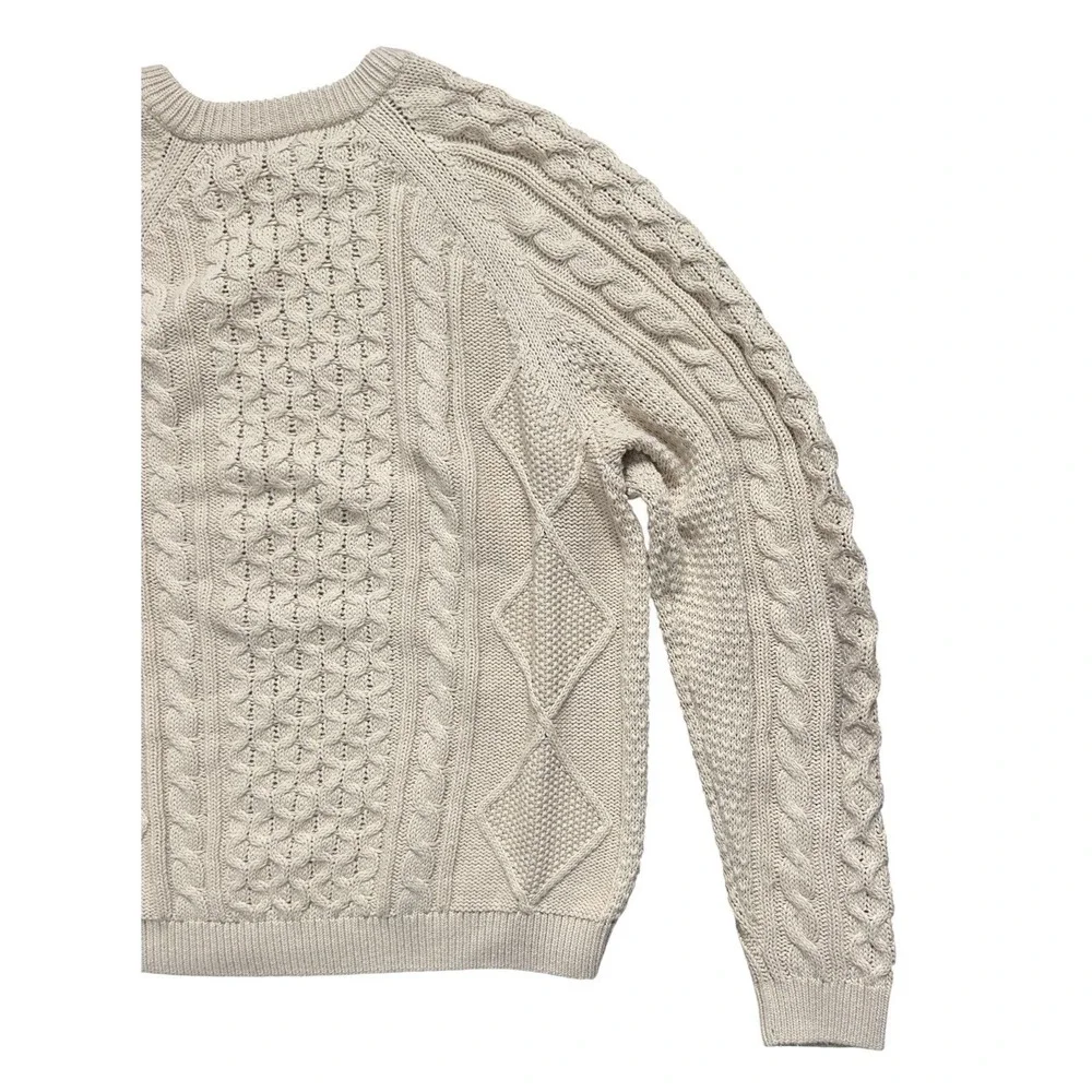 Nike Cable Knit Swoosh Sweater Men's L Beige Rattan Large Logo Polyester & Wool